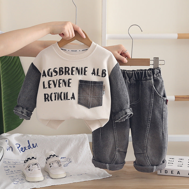 2026 New Boys' Autumn Outfit Set, Children's Spring and Autumn Fashionable Sweatshirt Long Sleeve Two-Piece Set, Baby Clothes Wholesale
