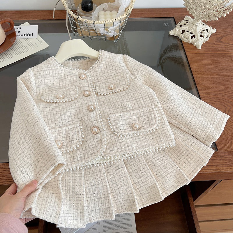Korean-style girls' elegant outfit 2026 spring and autumn new model, little girl's pearl lace jacket and pleated skirt two-piece set