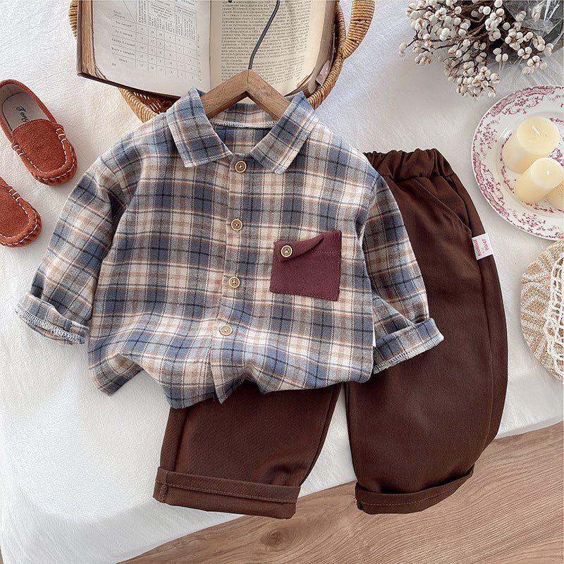 2025 New Boys Contrast Color Pocket Shirt Autumn Suit Children's Korean Style Western Style Baby Autumn Two-Piece Set