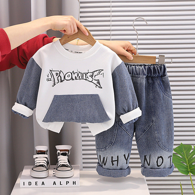 Boys' Spring Outfit Korean Style Children's Stylish Letter Color-Blocking Sweatshirt 2026 New Model Baby Spring and Autumn Two-Piece Set Trendy