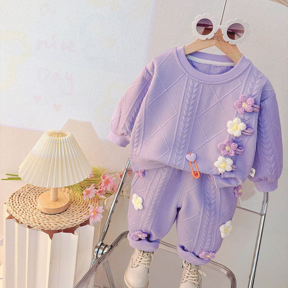 Girls suit spring and autumn 2025 new girls two-color small flower baby spring two-piece children's clothing a generation of hair
