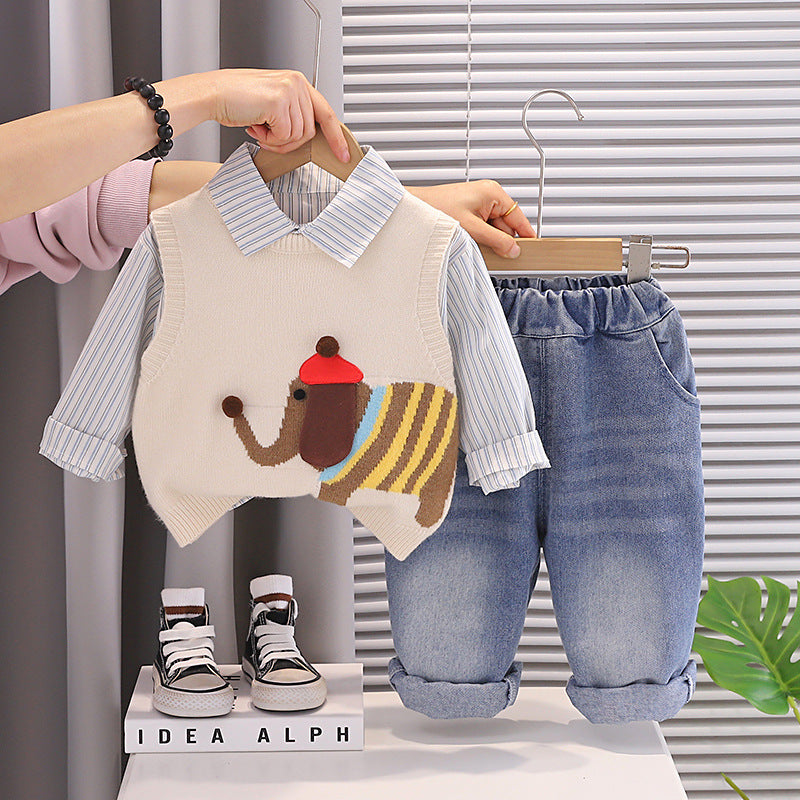 Children's Clothing Wholesale 2026 New Style Boys' Spring Outfit, Stylish Elephant Sweater Three-Piece Set for Baby Boys