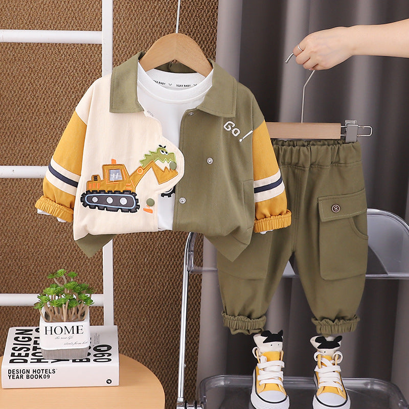 Free Shipping Yikids Boys' Spring and Autumn Wear Little Boy's Digger Color-matching Jacket Long Sleeve Three-piece Korean Fashion Children's Wear