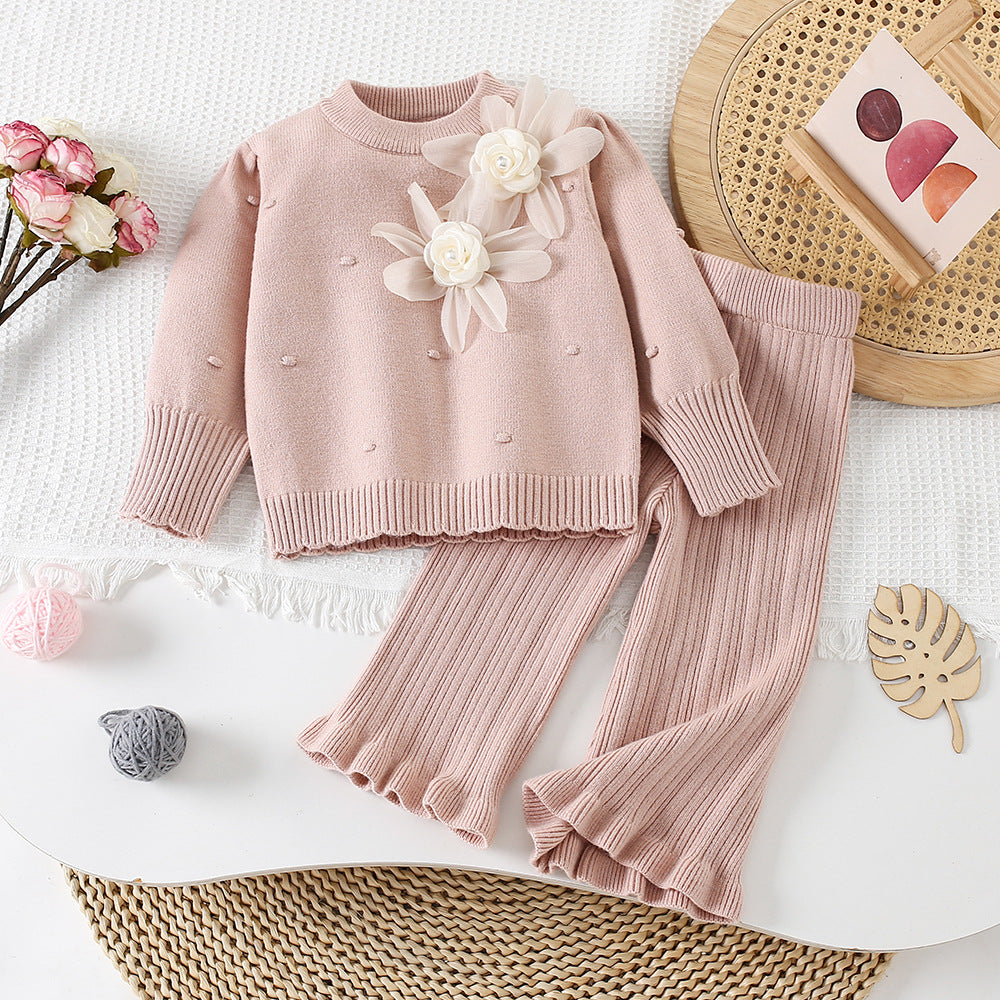Girls' Sweater Set Autumn and Winter New Style Two-Flower Knitted Sweater Dress Baby Girl Korean Style Fashionable Knitted Pullover
