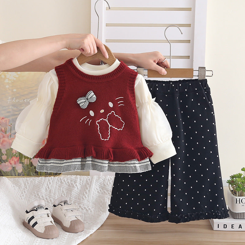 Girls' Autumn Outfit 2026 New Set: Stylish Casual Polka Dot Rabbit Sweater for Children, Spring and Autumn Three-Piece Set for Babies