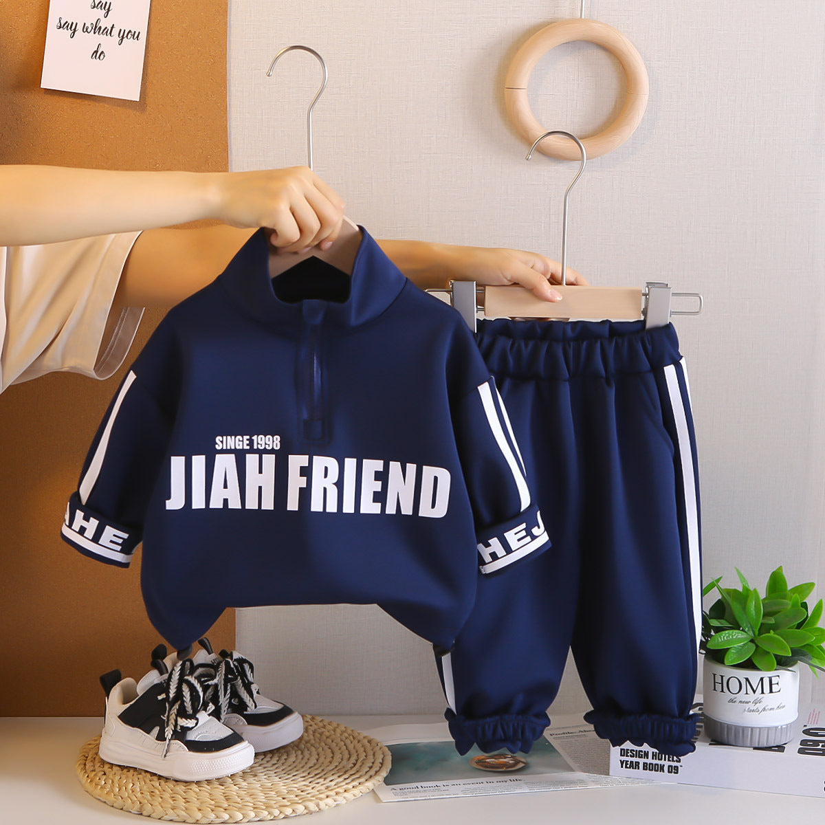 2025 Spring and Autumn New Boys English Stand Collar Suit Children's Letter Two-Piece Set Baby Children's Baby Casual