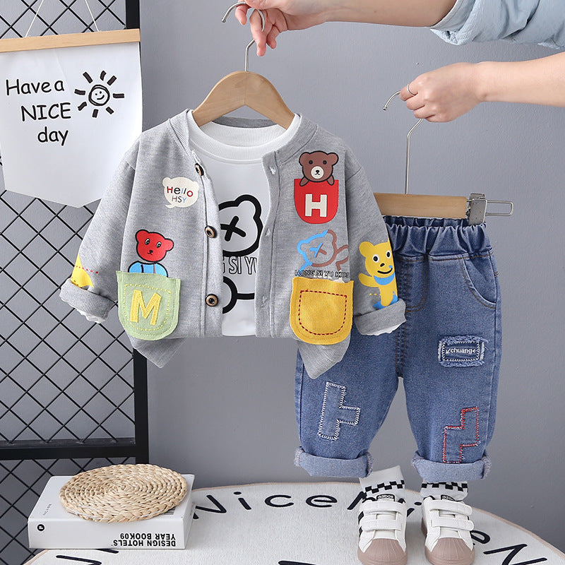 Spring 2025 New Boys' Cartoon Cardigan Long-sleeved Three-piece Set for Boys and Babies' Casual Denim Trousers for suit and Hair
