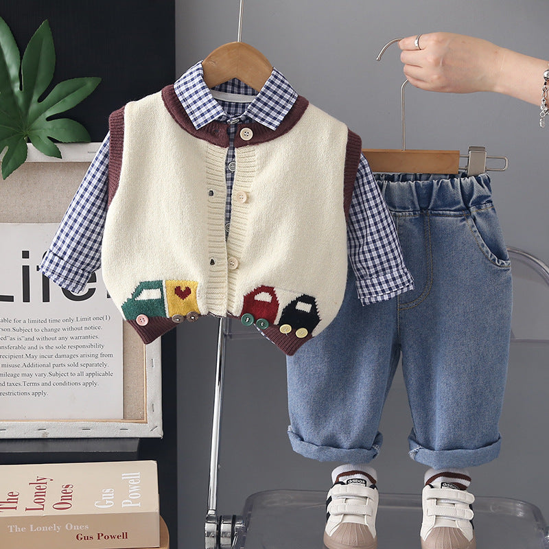 Free Shipping for Boys' New Spring and Autumn Outfit, Korean Style Baby Boy Car-Pattern Cardigan Sweater, Plaid Shirt, Long-Sleeve Three-Piece Set
