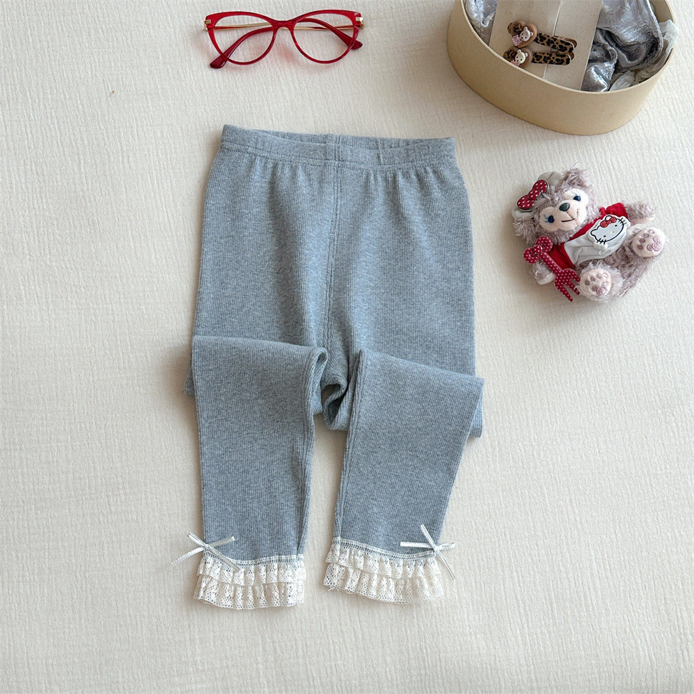 Sweet Xiaosi Girls' Leggings Autumn Lace Bow Children's Leggings Pure Cotton Baby Pants Stylish Outerwear