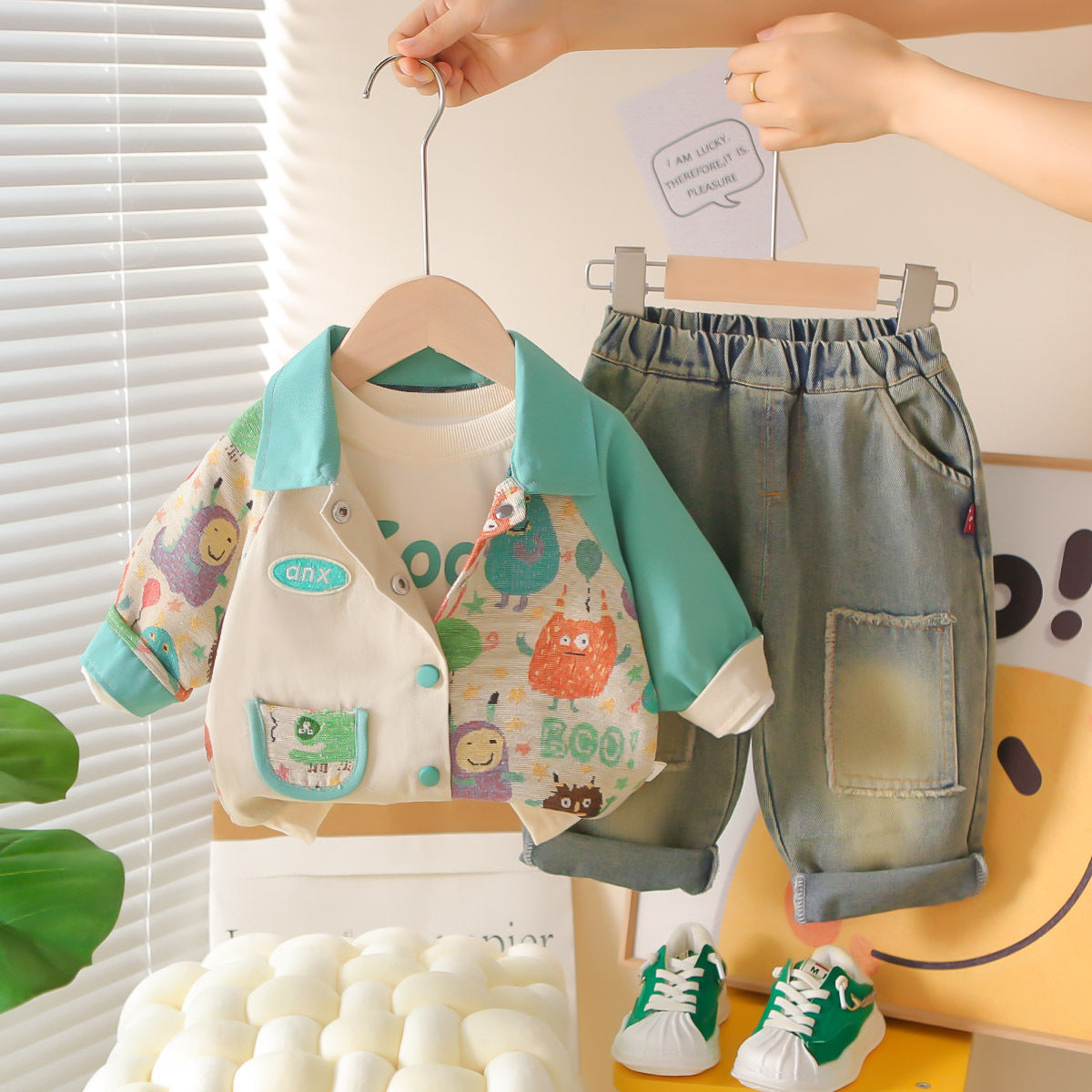 2025 New Children's Clothing Boys' Spring and Autumn Suits Cute Animal Jackets for Boys and Girls Three-Piece Set Wholesale