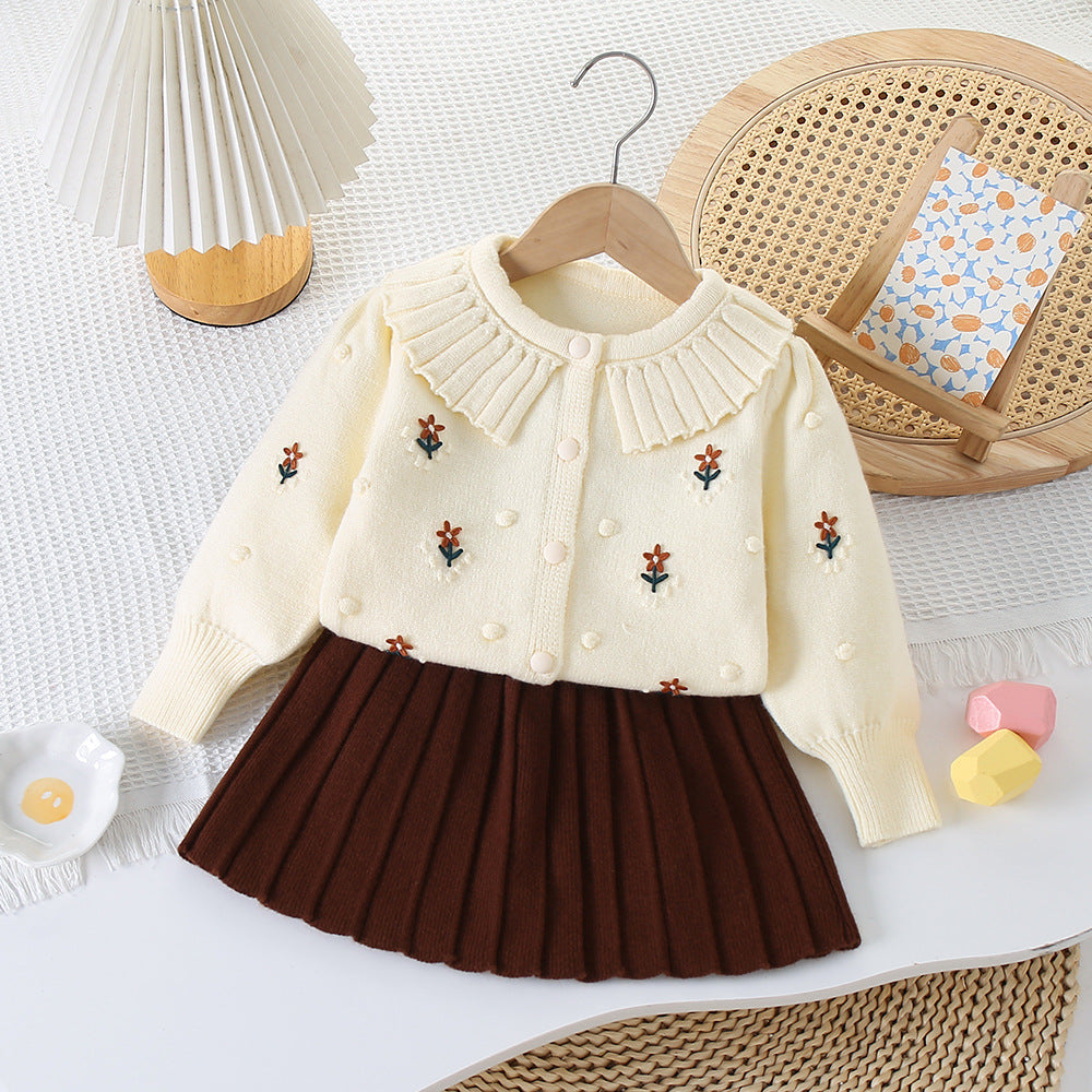 Children's Sweater Dress Small Flower Double Collar Knitted Two-Piece Set Women's Autumn and Winter New Korean Style Western Style Round Neck Sweater Dress