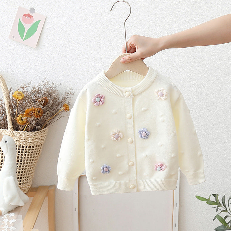 New Style Girls' Sweater Cardigan for Spring and Autumn, Knitted Woolen Outerwear for Infants and Young Children, Baby Lace Floral Coat