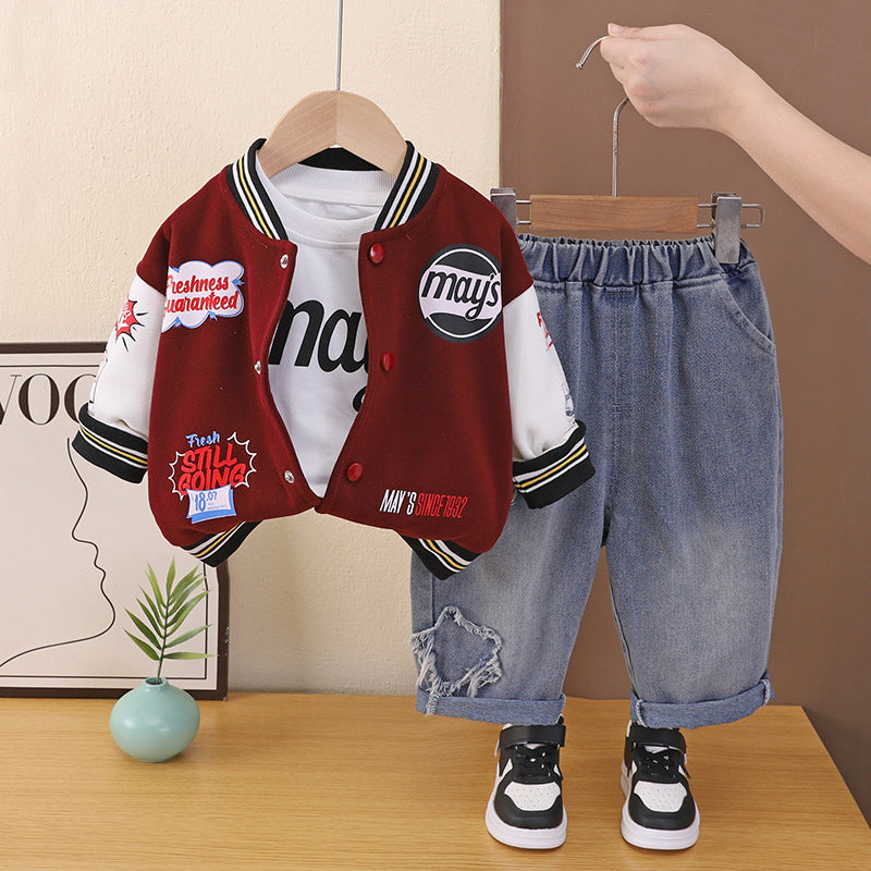 Boys' sports suit, spring and autumn 2026 new model, children's Korean-style letter graffiti baseball jacket three-piece set, trendy for boys