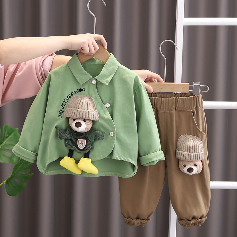 2025 new Korean children's clothing boys bear shirt 0-5 years old two-piece spring children's suit generation