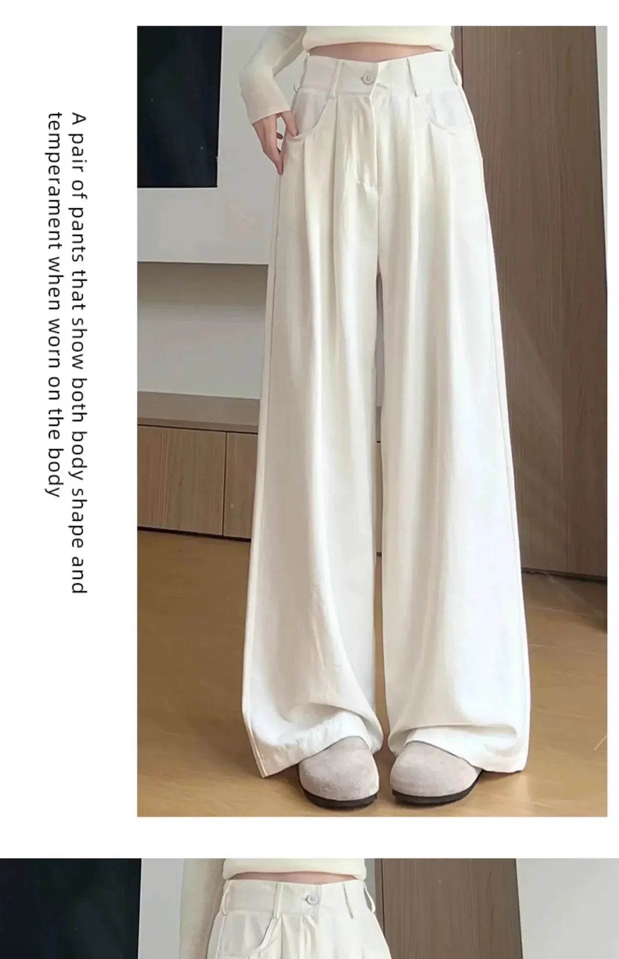 Ice Silk Drapey Wide Leg Pants Women's Summer Thin New Style Beige Color Nine Points Long Trousers Comfortable Fit Female Pants