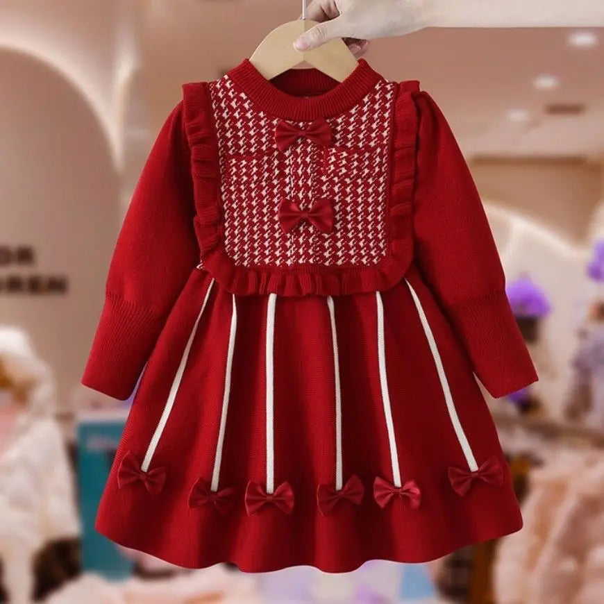 Girls' Dress Winter New Style Western Dress Children's Autumn and Winter Princess Dress Baby New Year Red Knitted Dress (Available)