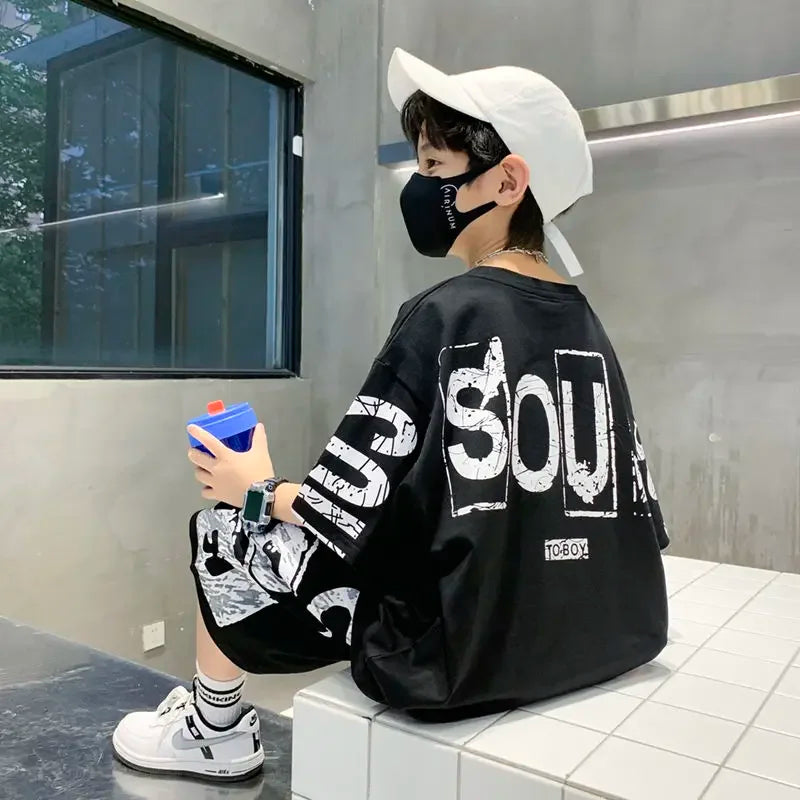 3-14 Years Teenage Boys Hip Hop Streetwear 2Pcs Outfits Summer Trendy Casual Sports Pure Cotton T-shirt Pants Fashion Kids Cloth