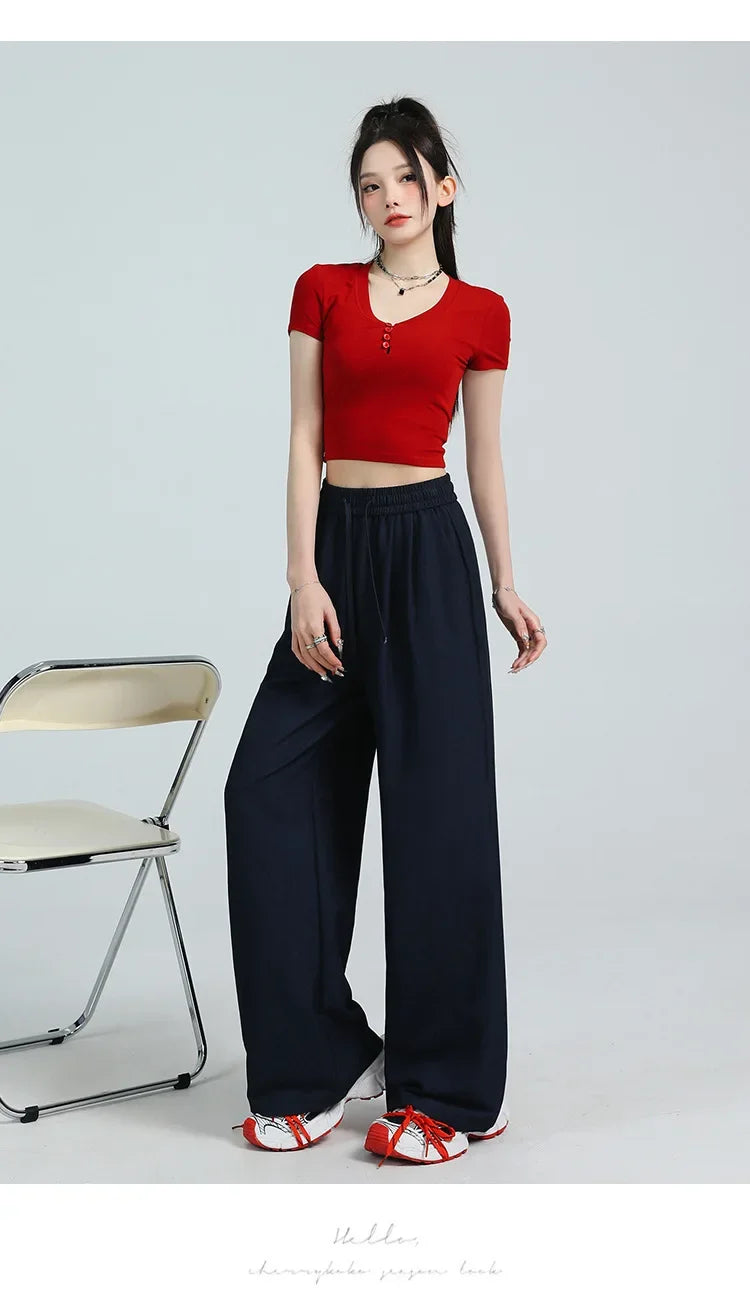 White Ice Silk Wide Leg Pants Women's Summer Thin High Waist Slimming Casual Versatile Elastic Waist Draped Straight Leg Trouser