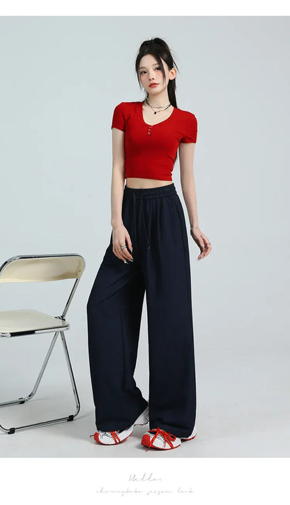 White Ice Silk Wide Leg Pants Women's Summer Thin High Waist Slimming Casual Versatile Elastic Waist Draped Straight Leg Trouser