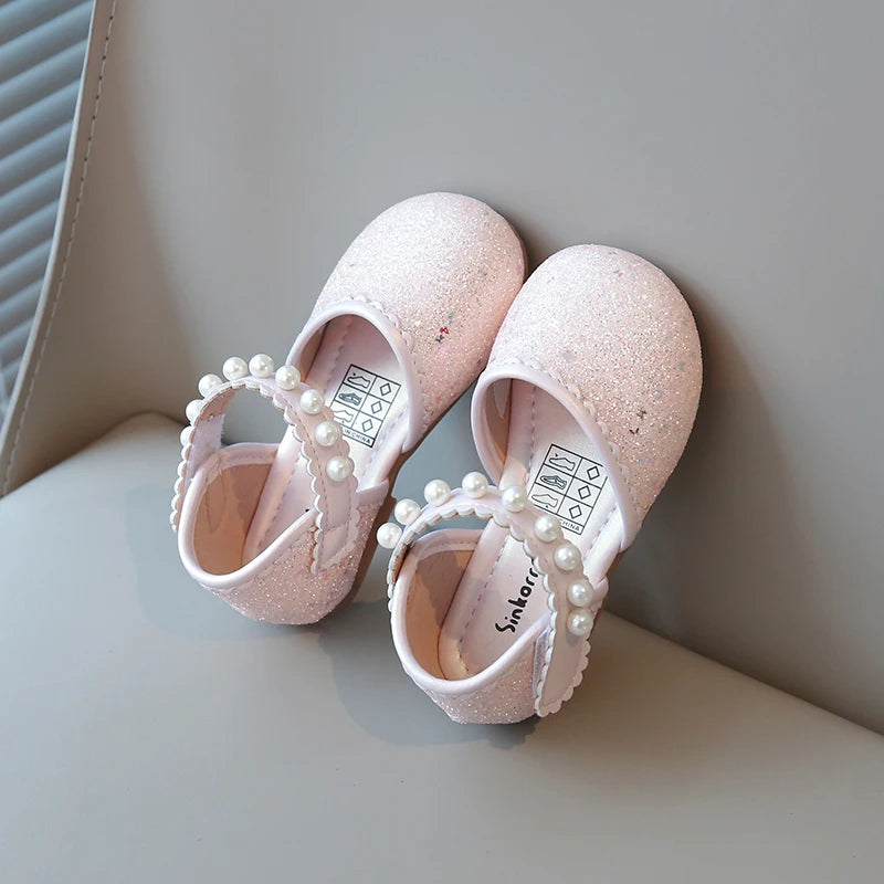 Girl's Princess Shoes Pearl Round Toe Glitter Sweet Kid's Flat Shoe Solid Colors Anti-slip Cute Party Daily Children Shoe