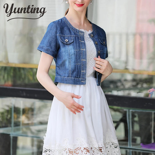 Autumn Women Denim Jackets Round Collar Basic Cropped Trendy Short Sleeve Jeans Blue Bomber  Coat Tops