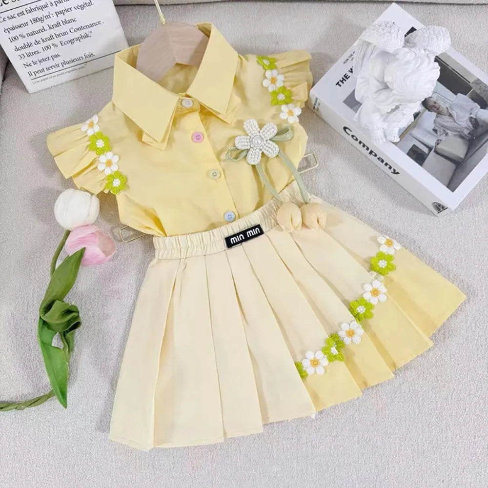 Bear Leader Summer Sweet and Cute Girl's Suit Pink 3D Decal Top+Decal Pleated Skirt 2Pcs Set Korean Fashion Children's Clothing
