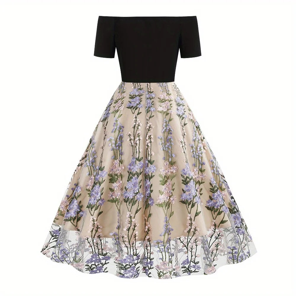New Fall & Winter Western Retro Off-the-Shoulder Dress - Tulle Paneled Evening Gown