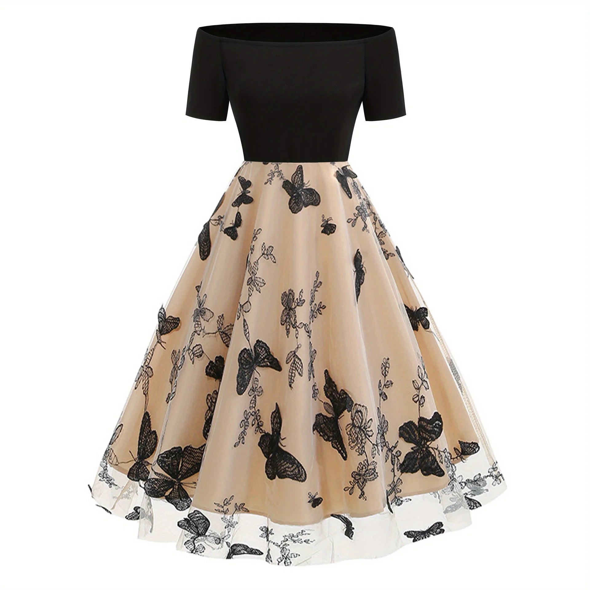 New Fall & Winter Western Retro Off-the-Shoulder Dress - Tulle Paneled Evening Gown