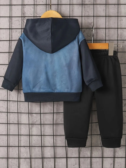 Toddler Boy's Spring and Autumn Outfit: Denim Printed Hoodie + Black Cuffed Pants, Trendy Fake Two-Piece Set for Boys