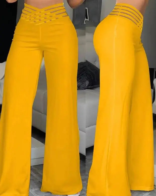 Women Wide Leg Flared Pants  Spring Casual Crisscross Sheer Mesh Patch High Waist Trousers Y2k Streetwear Elegant Work Pant