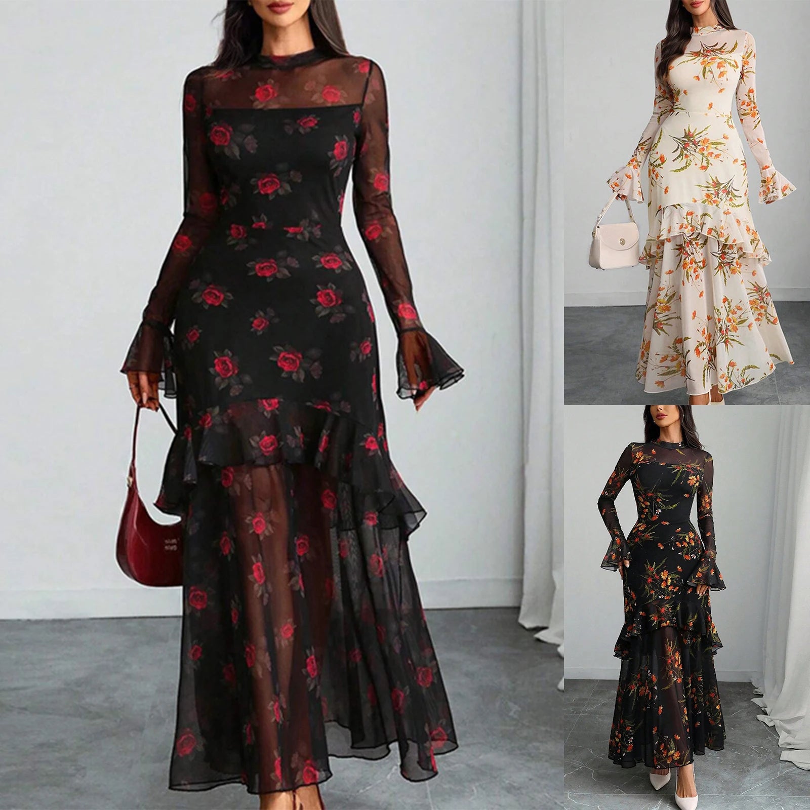 Women's Evening Gown Clothing Vintage Floral Print Maxi Dresses Spring Autumn Long Sheer Sleeve Ruffled Hem Elegant Party Dress
