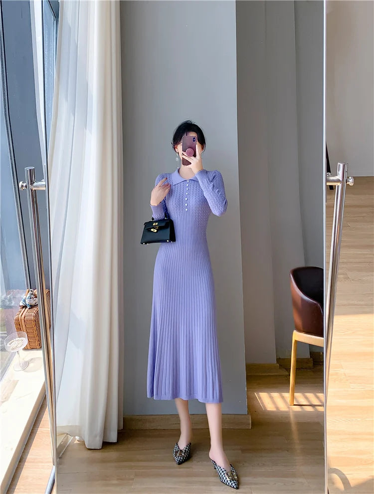 Sweater Dress Women New  Autumn Winter Purple White Or Black High Waist A Line Dress Elegant Long Knitted Dress