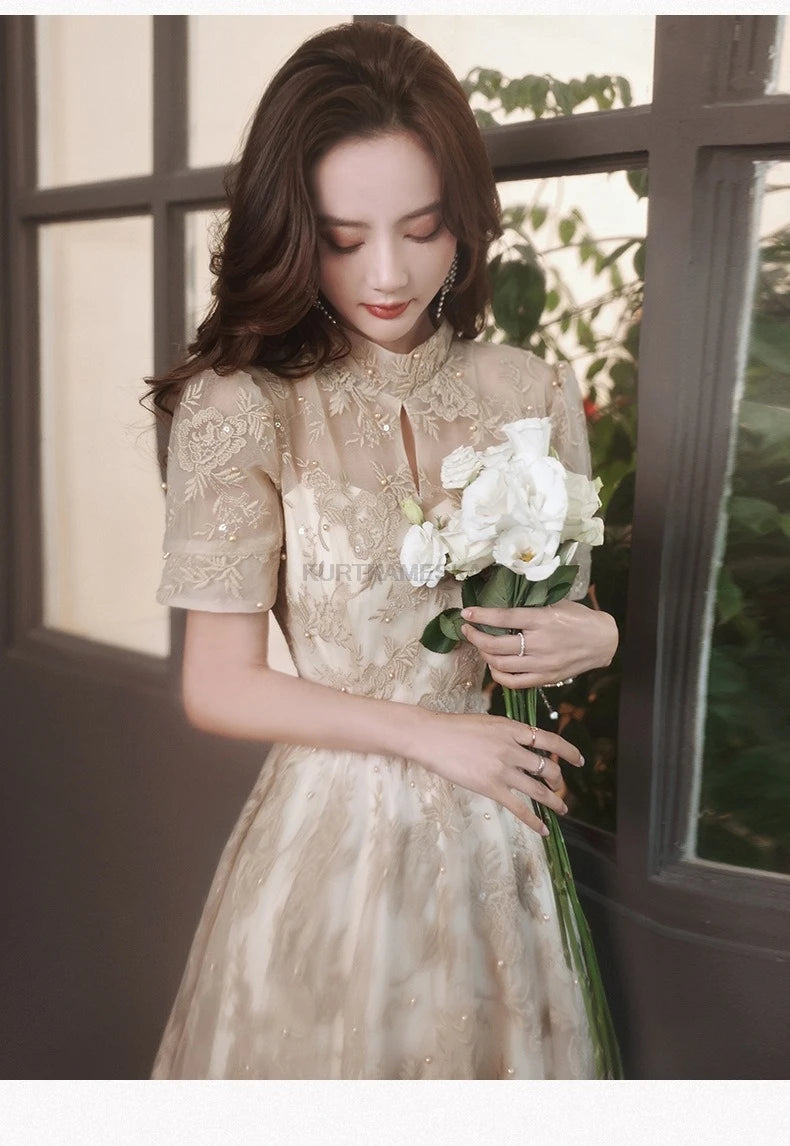 Elegant High Collar Evening Prom Bridesmaid Banquet Party Ball Dress Gown Short Sleeve Flower Embroidery Appliques Formal Dress