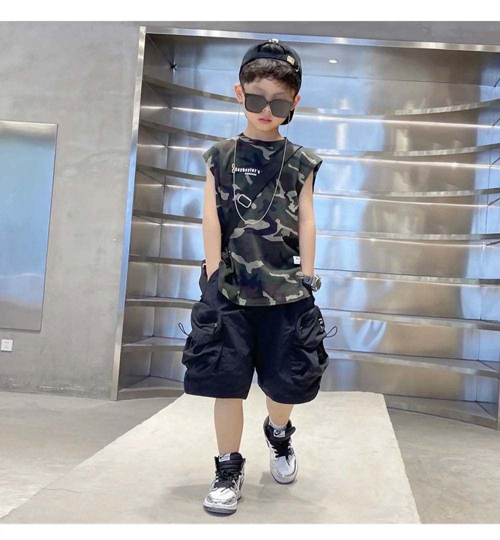 Boys Camouflage Vest Set Summer New Style Children's Sleeveless T-shirt Shorts Two Piece Set