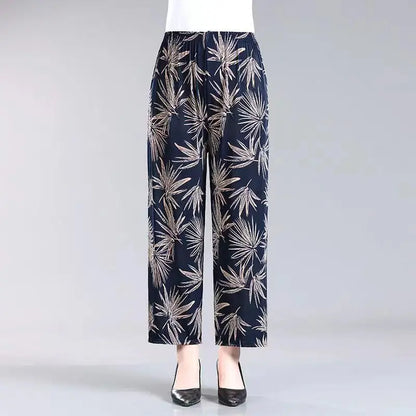 Summer Ladies Ice Silk Loose Casual Home Pants Elastic plus Size Mom Square Sports High Waist Straight Leg Length Nine Points