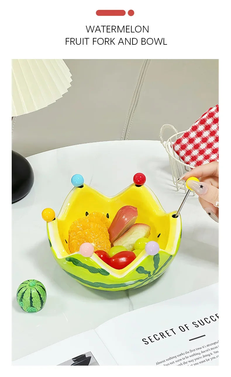 Watermelon Fruit Plate Creative Ceramic Fruit Fork Set Large Capacity Living Room Coffee Table Fruit Bowl Plate Cute  Ornaments
