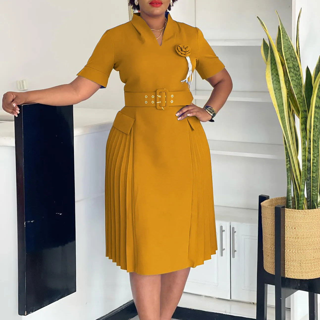 Elegant Party Dresses for Women V Neck Short Sleeve Belt Waisted Pleated Mid Calf Fashion Ladies Birthday Dinner Night Wear Robe