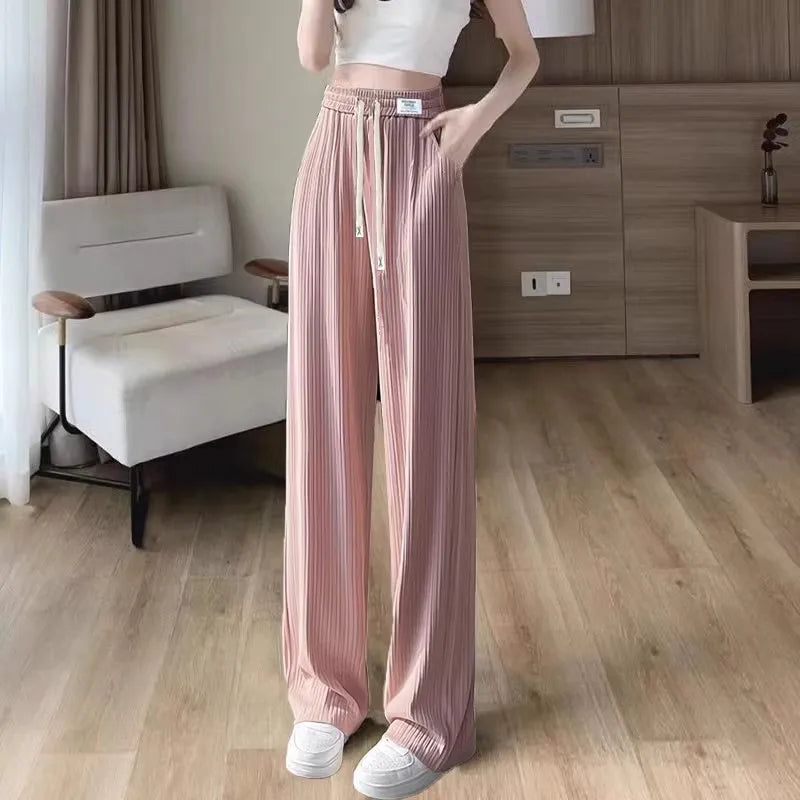 Ice Silk Wide Leg Pants Women's Summer Thin Hanging Sense Small Casual Summer Cool Straight Tube Pants High Waist Nine Points