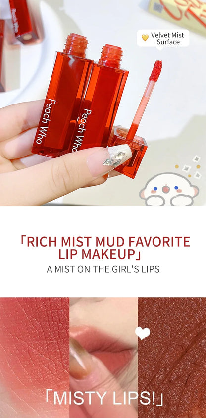 PEACHWHO Ruby Velvet Foggy Lip Glaze Matte Lip Stain Moisturizing Longlasting Waterproof Natural Smooth Silky Lipstick Cosmetics