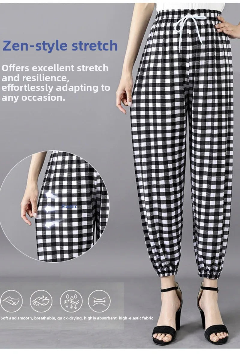 Summer Ladies Ice Silk Loose Casual Home Pants Elastic plus Size Mom Square Sports High Waist Straight Leg Length Nine Points