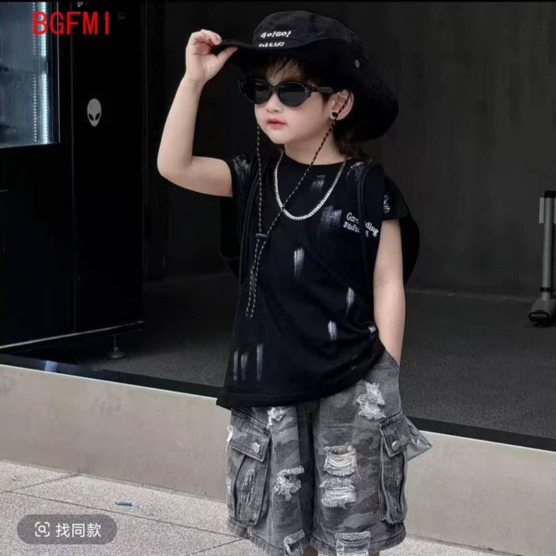 Summer Boys Loose Sleeveless Printed T-Shirt Tops + Hole Shorts  Set Child Outfit Handsome Kids Clothes Boys 2-10Y Vest Suit
