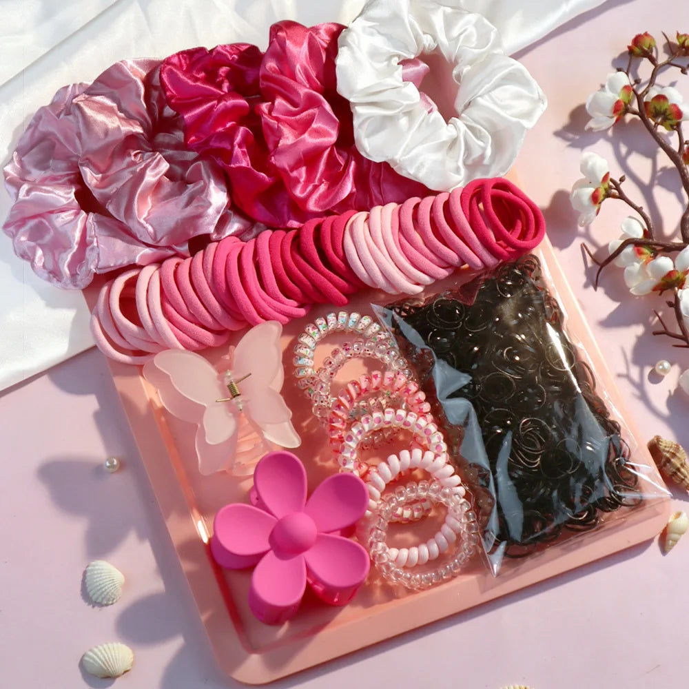 Fashionable Pink Hair Accessories Set for Women, Seamless Ponytail Holders Variety Hair Scrunchies For Women Lady 2024