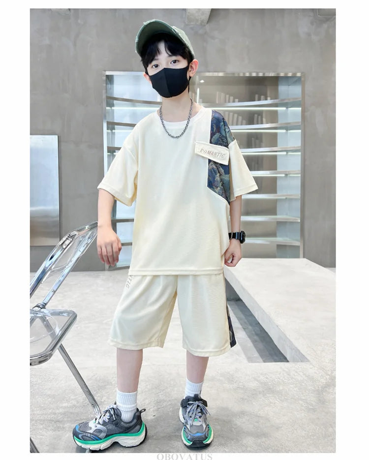 Boys Summer Suit Kids Short Sleeve T-Shirt Sports Casual Outfits for Teenage Boy Clothing Sets With Cartoon Bear
