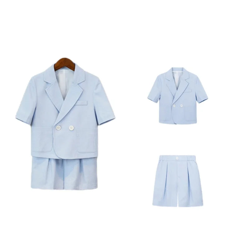 Kids Summer Short-Sleeved Wedding Suit Set Boys Blazer Pants Outfit Children's Piano Host Speech Performance Costume