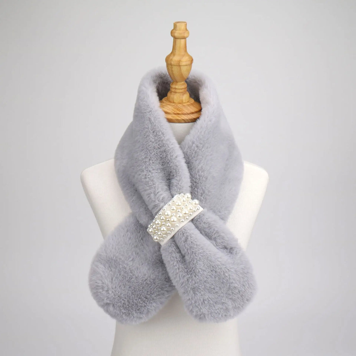 Autumn and winter high-end imitation rabbit fur women's outdoor thick warm cross pearl button plush scarf
