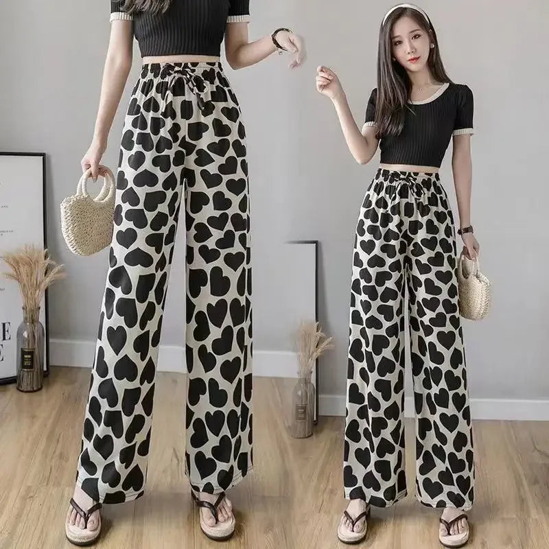 Thai Print Heart Wide Leg Pants Women Summer Thin Loose plus Size High Waist Slimming Long Trousers Casual Fashion plus Size