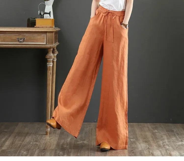 Women Retro Tai Chi Loose Wide Leg Pants Casual Cotton Linen High Waist Pants Mopping Straight Trousers Daily Wear Streetwear