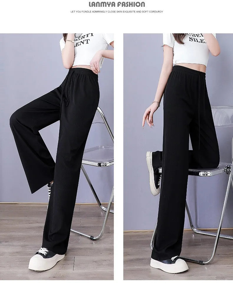 Ice Silk Wide Leg Pants Women's Summer  New High Waist Drape Loose Slimming Straight Bla Floor-Length Casual Trousers