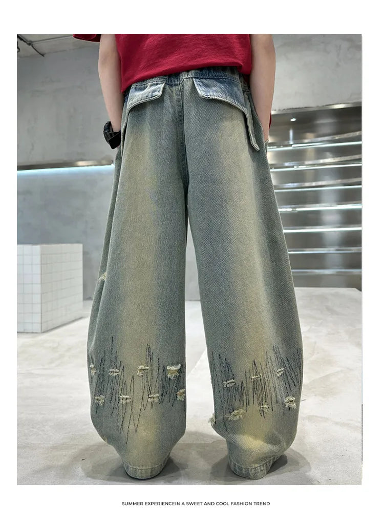 Korean Boy Luxury Hip Hop y2k Baggy Ripped Jeans Kids High Street Fashion Hiphop Rap Dance Denim Pants Child Performance Trouser