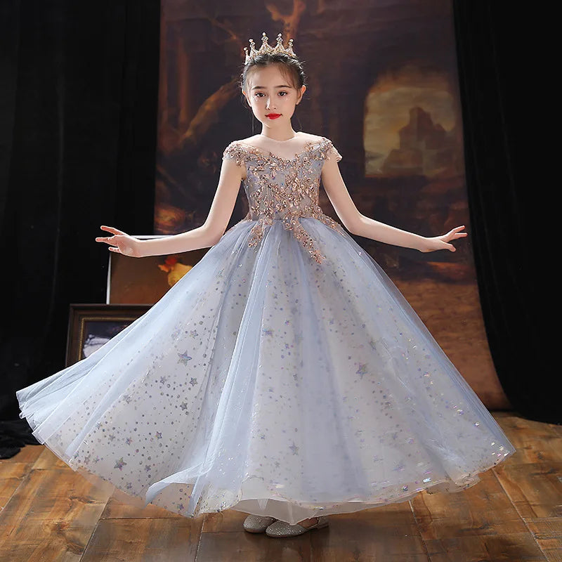 Evening Gown Girls Princess Puffy Tulle Piano Performance Outfit Flower Wedding Dress Children's High-End Host Clothing